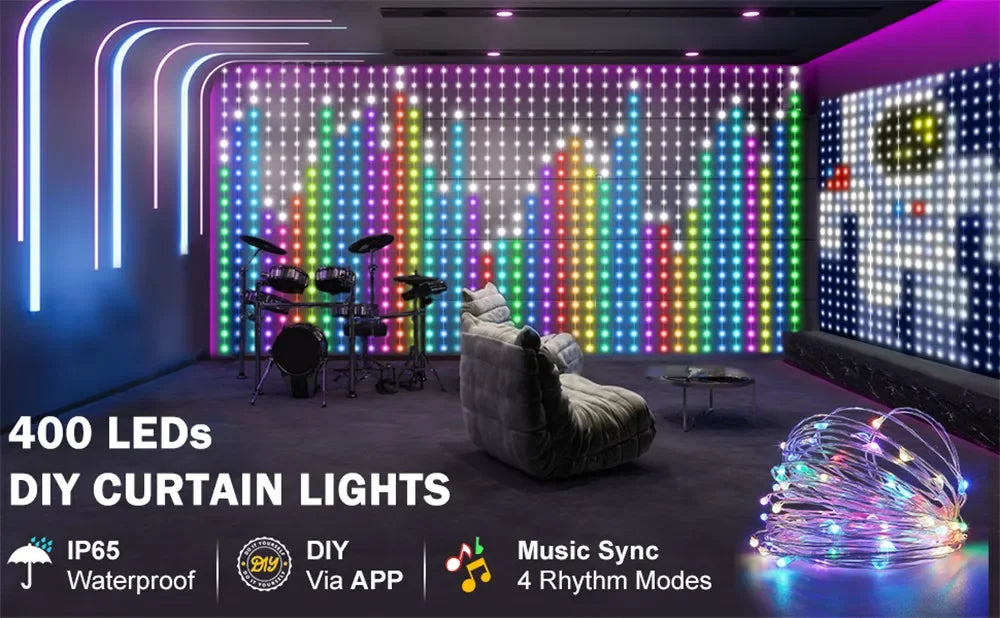 Ai Smart Window Curtain Lights 400LEDs Smart Curtain Lights DIY Text LED String RGB Waterproof Fairy Lights Music Sync Display for Window Bedroom Wedding Party Shops Night Clubs Decor
