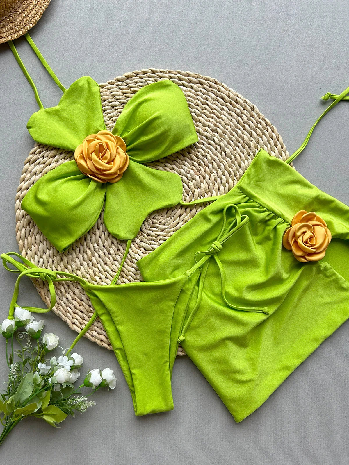 BRAND NEW 3PCS Set UK Size Bikini Sexy Women Swimsuit Swimwear Female Floral Skirt Cover Up Bikini Set Beachwear Bathing Suit Swimming Suit