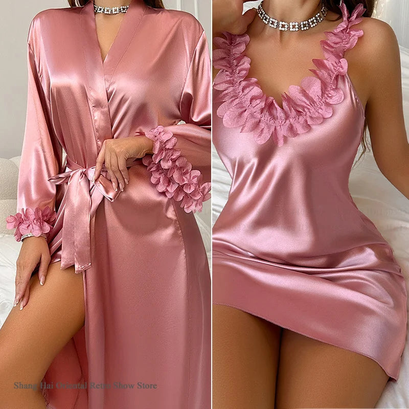 NEW S-XL Female 2PCS Set 3 Colors Robe Set Nightgown Sexy Lace Long Kimono Bathrobe Gown Silk Satin Loungewear Summer Sleepwear Lingerie Home Wear