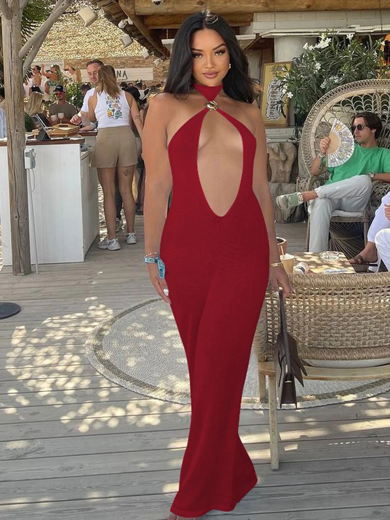 NEW Arrivals UK Size Black/White/Red Spring Summer Dresses Women Elegant Sexy Hollow Out Halter Backless Sleeveless Sheath Maxi Gown Evening Beach Party Night Club Outfit