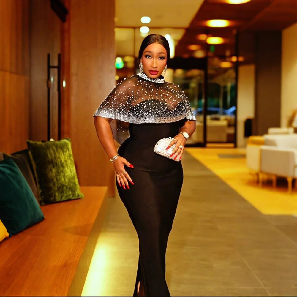 NEW S-2XL UK Plus Size 3 Colors Glitter Pearls Rhinestones Wedding Guest Dress Women Elegant Celebrity Sheath Night Club Party Even Prom Dress with Cloak