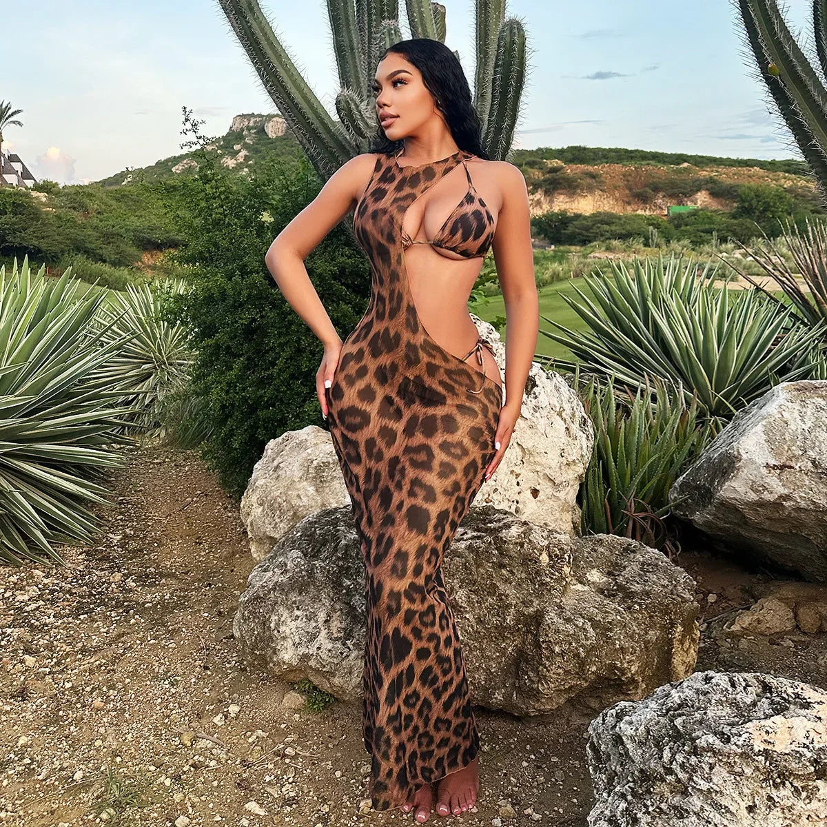 3 PCS Set Women Beach Sexy Leopard Bikini Suit with Cutout Leopard  Sexy Long Bodycon Swimsuit Swimwear Bathing Suit