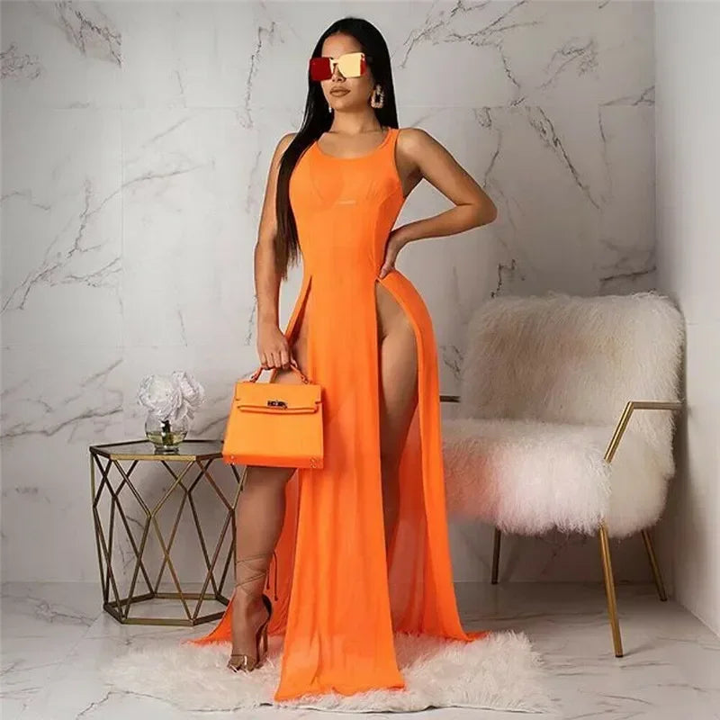 NEW S-XL UK Size  4 Colors Summer Sexy Mesh Sheer Long Dress for Women Bikini Cover Up Beach Sundress Solid See-through Sleeveless Strap Beach Dress