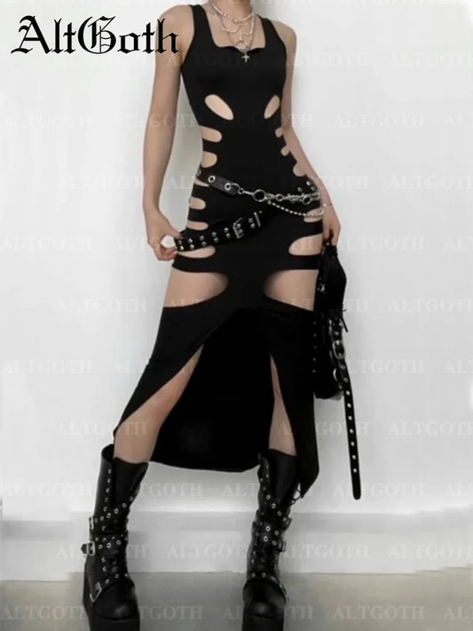 NEW Arrivals UK Size Harajuku Gothic Dark Dress Women Streetwear Cyber Punk Y2K E-Girl Grunge Sexy Hollow Out High Waist Bodycon Dress Female Evening Rave Party Dress