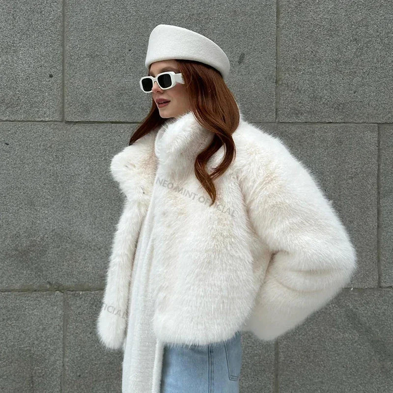 NEW Arrivals UK S-2XL Size White/Yellow Color Neo Mint Winter Women Yellow Faux Fur Jacket Chic Girls Fashion Streetwear Thicken Warm Stand Collar Fox Fur Coat Outerwear
