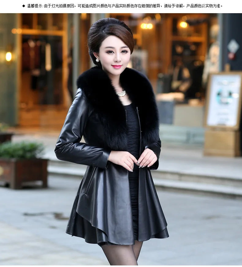 NEW Arrivals Leather Jacket Faux Fox Fur Collar Woman Medium Long Fur Jacket Slim Fit And Cotton Fashion PU Leather Jacket Black Ladies Luxury Fashion Clothing Supplies