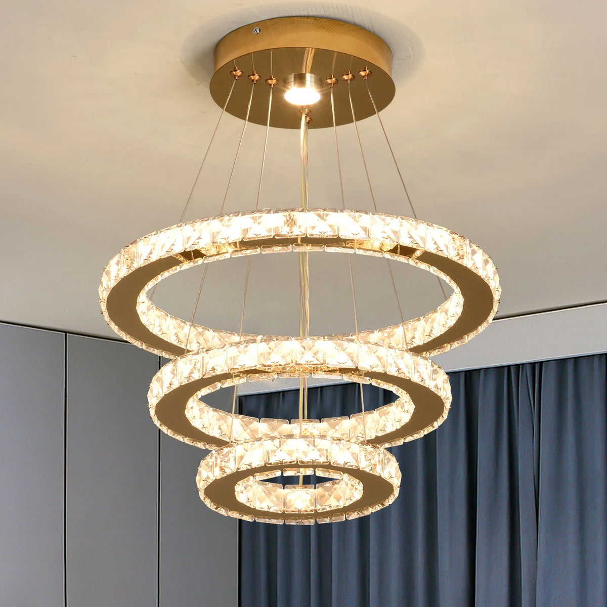 HOT SALE Villa Home Italian Modern Luxury Crystal Chandeliers Remote Switch Control Pendant Lights Geometric LED Chandelier for Living Room 3 Rings Hang Lamps Home Art Decor  Luxury Lighting Supplies
