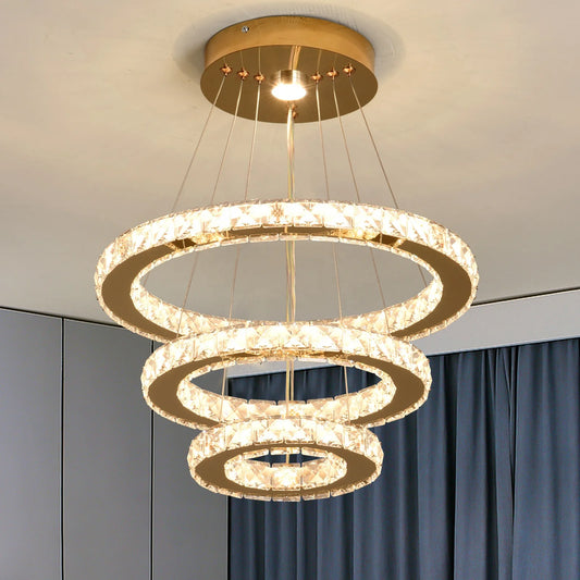 HOT SALE Villa Home Italian Modern Luxury Crystal Chandeliers Remote Switch Control Pendant Lights Geometric LED Chandelier for Living Room 3 Rings Hang Lamps Home Art Decor  Luxury Lighting Supplies