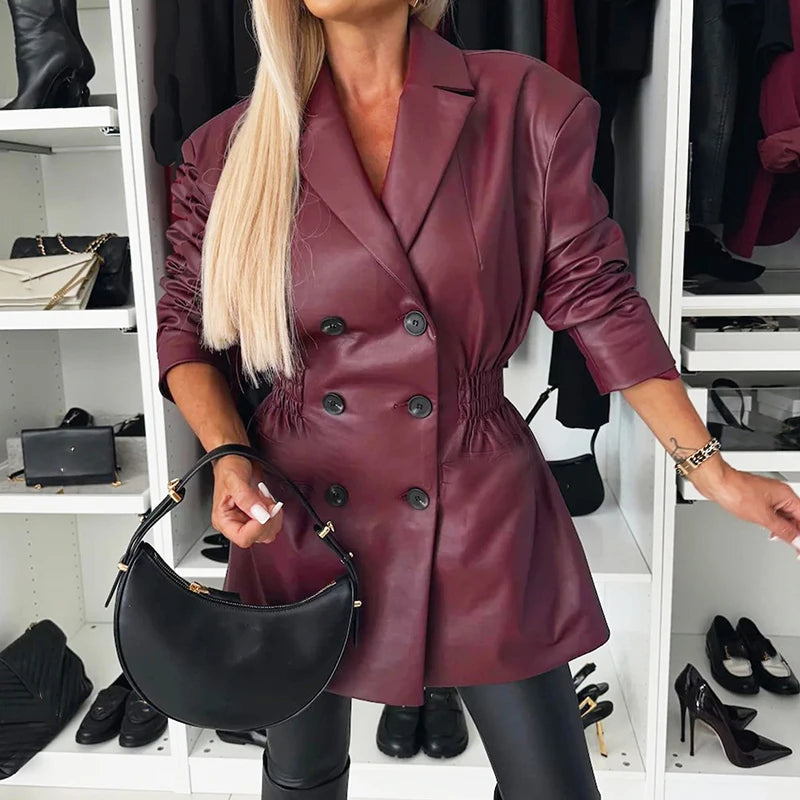 NEW Arrivals Black/Dark Brown/Burgundy  Fall Lady Lapel Waist Short Dress Retro Double Breasted Solid Dress Office Lady Temperament Long Sleeved PU Leather Coat Ladies Luxury Fashion Clothing Supplies