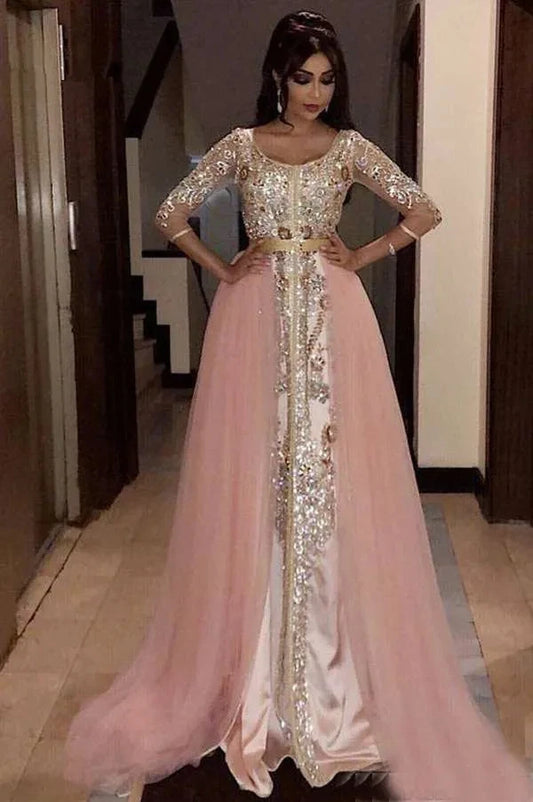 NEW Arrivals Champagne/Red/Pink (US SIZE) Algerian Kaftan Muslim Wedding Dress Evening Party Dresses A-line 3/4 Sleeves Tulle Appliques Dubai Arabic Turkey Caftan Abaya Islamic Gown Muslim Ladies Luxury Fashion Apparel Suppli