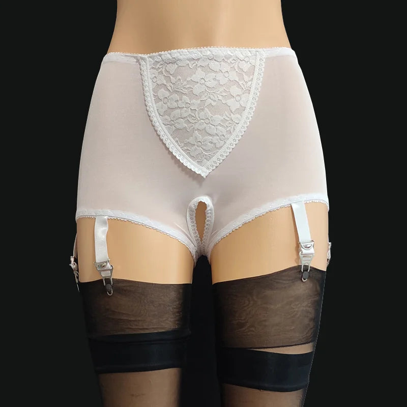 S-3XL Plus Size White/Black/Red Color Front/Back Open Crotch Panty Garter Belt for Stockings Lace Embroidery Sexy Mesh Suspenders Curvy Women Crotchless Garters Exotic Lingerie
