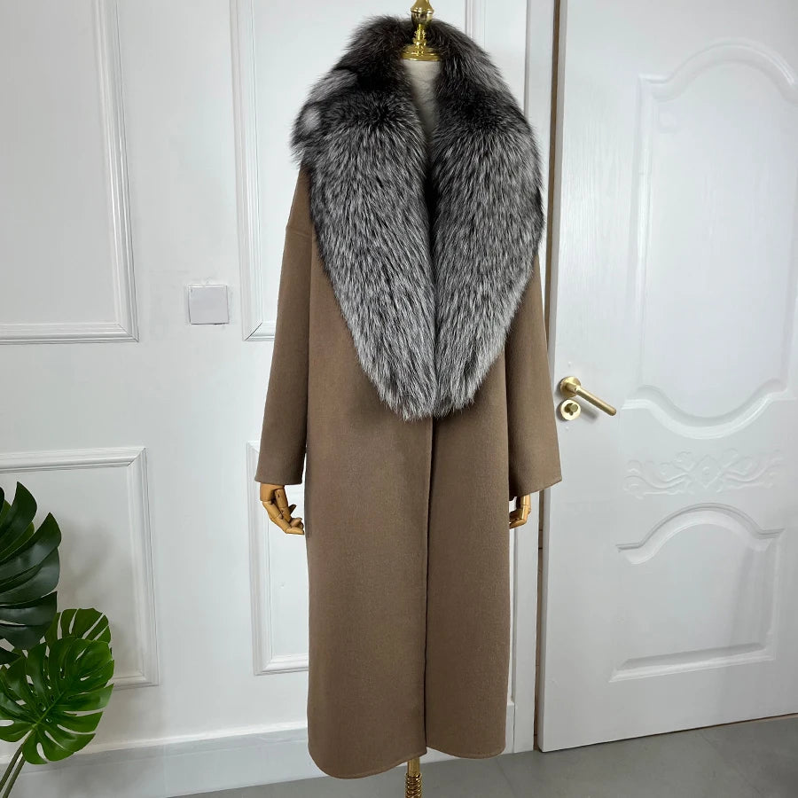 NEW Arrivals S-4XL 4 Colors Women 100% Cashmere Cardigan With Fur Natural Silver Fox Fur Coat Long Wool Blends Coat Fur Collar Cuffs Winter Evening Party Outerwear Ladies Luxury Fashion Apparel Products