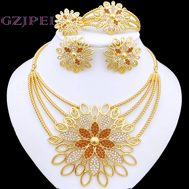 Luxury Jewelry 5 PCS Set For Women High Quality 18K Gold Plated Dubai Jewelry Necklace Earrings Ring Bracelet Trending Evening Wedding Party Business Dinner Luxury Jewelry Sets