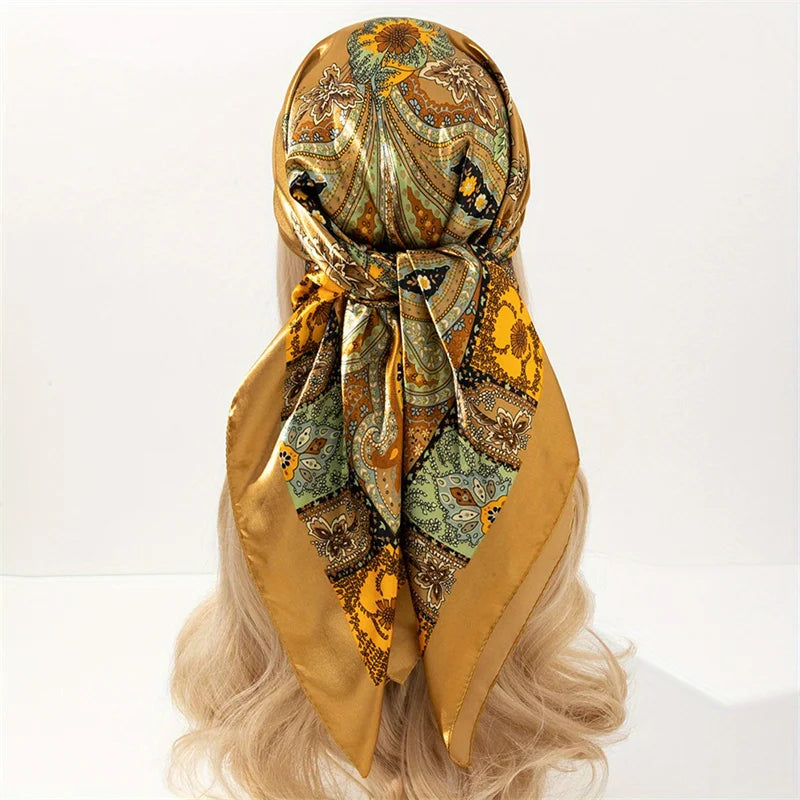 New 90x90cm 18 Colors Silk Shawl Satin Square Scarf For Women Paisley Neckerchief Female New Headband Hair Bands Print Foulard Hijab Wraps Bandana Women Apparel Accessories