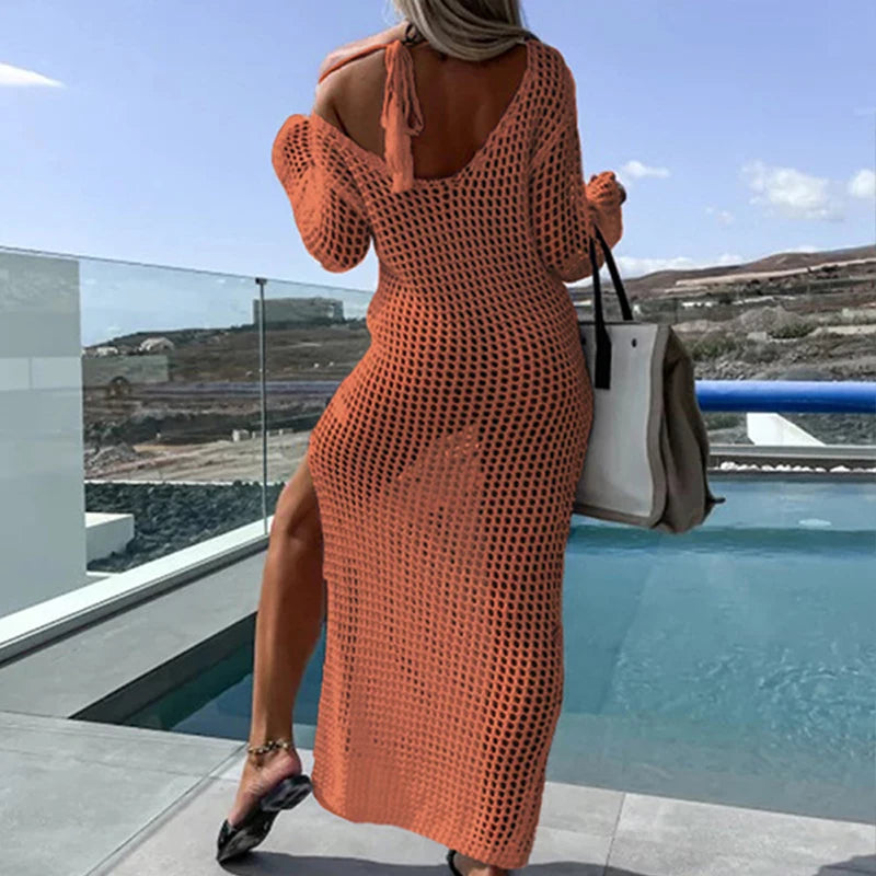 NEW Arrivals 5 Colors Sexy Casual Women's Beach Holiday Style Fishing Net Hollow Crew Neck Long-sleeved Bikini Swimsuit Fishnet Cover Up Split Maxi Dress