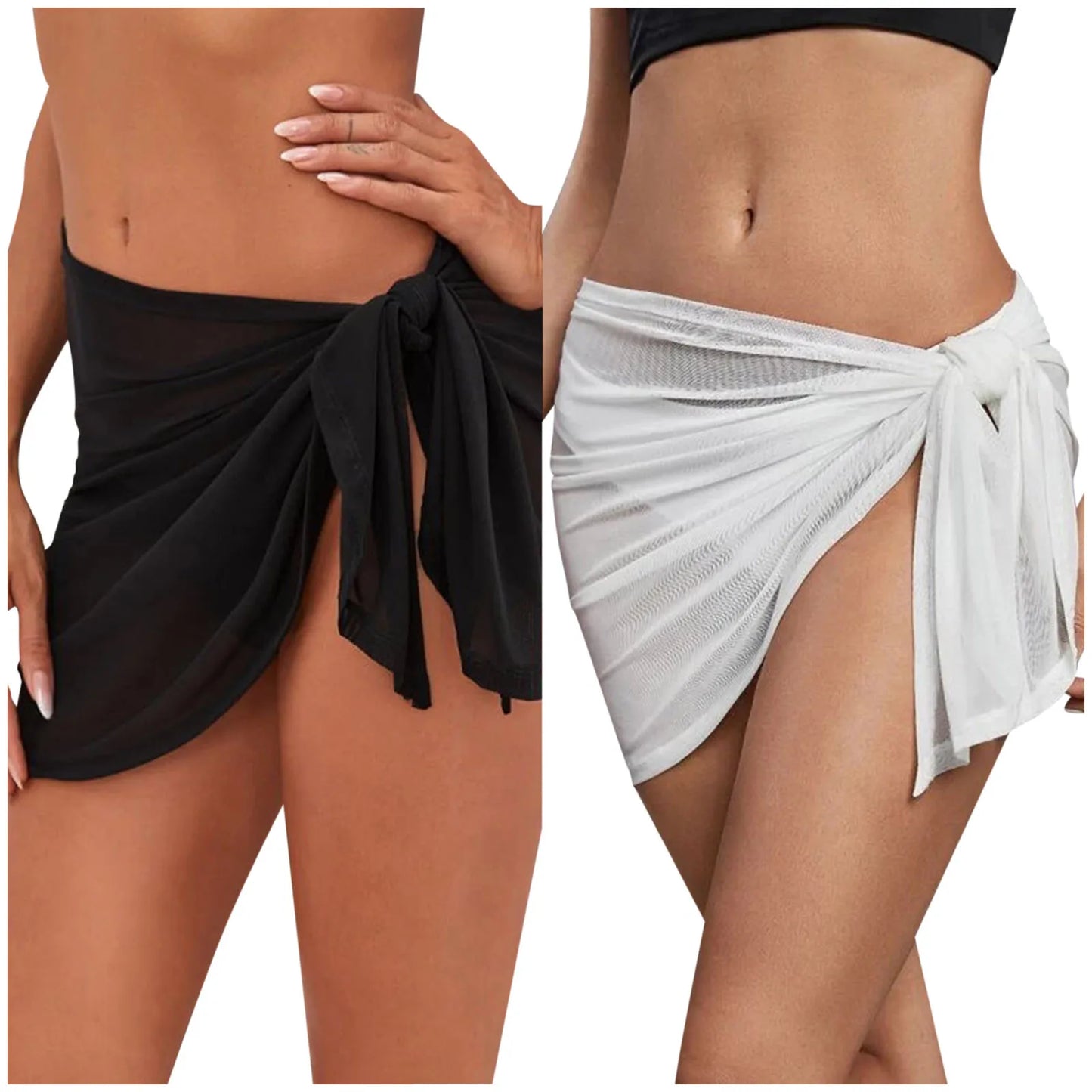 2 PCS Set Women Girls Beach Mini Sarong Skirt Summer Ultra Thin Sheer Mesh Bandage Cover Ups Women Swimwear Solid Color Sunscreen Scarf Pareo Female Ladies Summer Swimming Fashion Apparel Supplies
