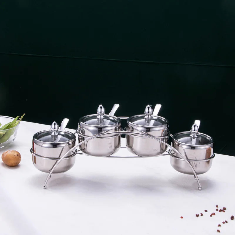 Home Villa Restaurants Hotels Household Luxury 304 Silver/Gold Color Stainless Steel Seasoning Tank Buffet Restaurant Hotel Seasoning Salt Storage Tank with Holder Rack Home Kitchenware Tools Sets