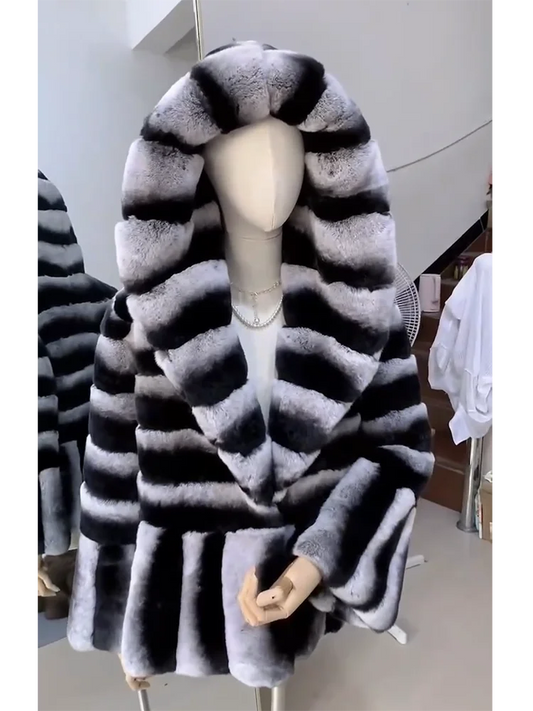 NEW Arrivals S-3XL Real Rex Rabbit Luxury  Fur Coat with Hood for Women, Luxury Jacket, Chinchilla Color, Ladies Girls Winter Fashion Clothing Products