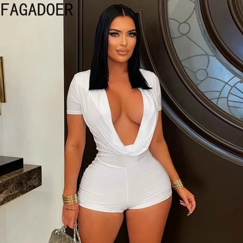 Black/White/Brown Color Spring New Ruched Deep V Bodycon Rompers Women Short Sleeve Slim Jumpsuits Sexy Solid Overalls Streetwear Evening Beach Party Midnight Clubwear