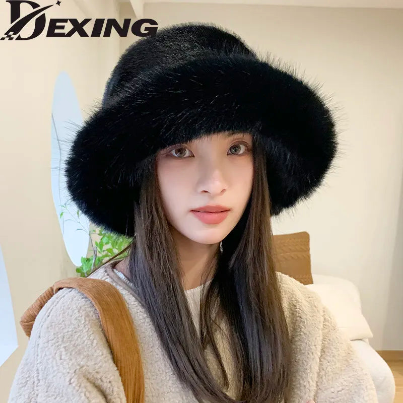 Big Faux Fur Fluffy Bucket Hat for Women Luxury Plush Winter Hat Thicken Snow Oversized Fur Bucket Hat Soft Big Panama Cap