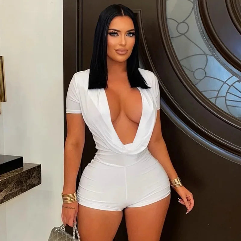 Black/White/Brown Color Spring New Ruched Deep V Bodycon Rompers Women Short Sleeve Slim Jumpsuits Sexy Solid Overalls Streetwear Evening Beach Party Midnight Clubwear
