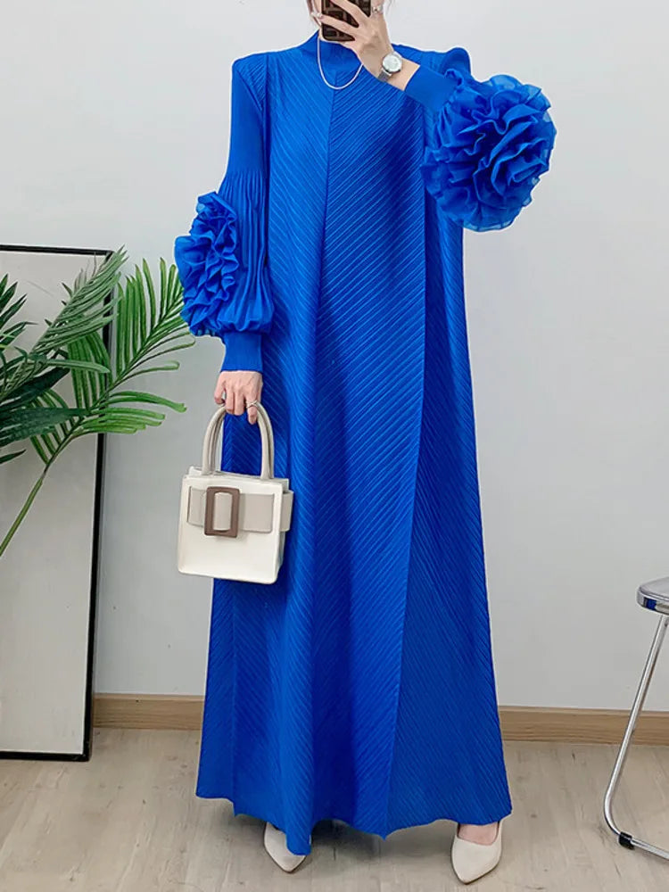 NEW Arrivals UK Size 4 Colors Pleated Dress For African Women Flower Sleeves Female Sunday Church Evening Party Wedding Guest Elegant Clothing Trendy New Ladies 2DB1827