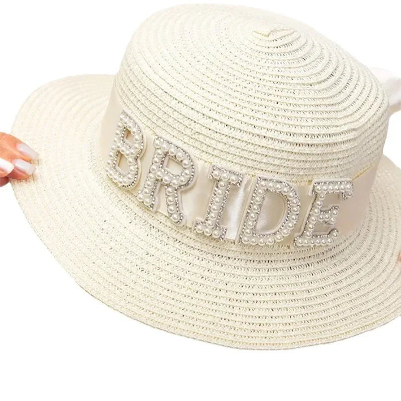 NEW Arrivals Summer Beach Wedding Decorative Bride Flat Top Straw Hat Pool Single Party New Bride Gift Bridal Shower Unisex Capacious Sunshade Hat