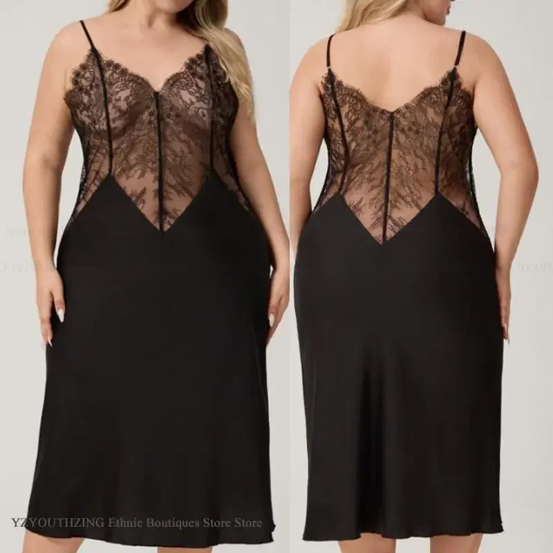 For Curvy Ladies UK Oversize XL-5XL Long Nightgown Sleepwear Sexy Patchwork Hollow Out Lace Lingerie Nightdress Loose Ice Silk Home Wear  Big Women Loungewear