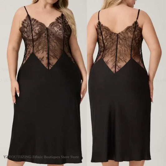 For Curvy Ladies UK Oversize XL-5XL Long Nightgown Sleepwear Sexy Patchwork Hollow Out Lace Lingerie Nightdress Loose Ice Silk Home Wear  Big Women Loungewear