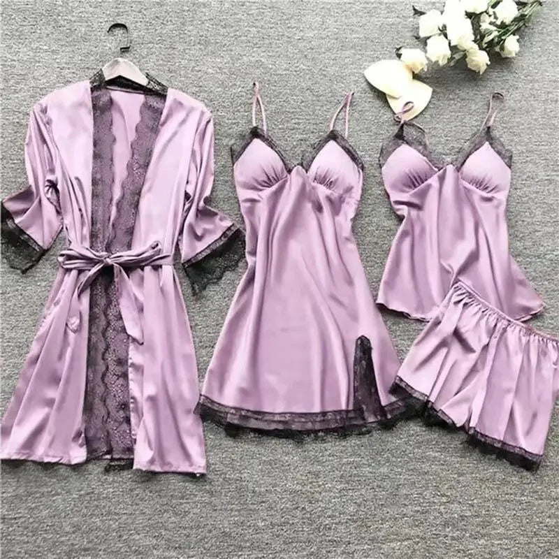 NEW BRANT 4PCS Set S-5XL Plus Size 6 Colors Women's Sleepwear Sexy Silk Ice Fabric Kimono Gown Home Clothes with Chest Pad Thin Material Comfortable Home Wear Ladies Nightgown Sets