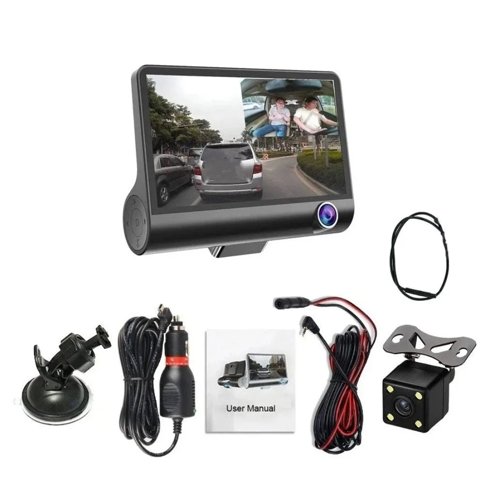 Three Lenses Car Driving Tachograph Front Rear Inside Wide Angle 24H Parking Recorder Loop Recording Night Vision Pedestrian Safety Detector Vehicles Security Accessories