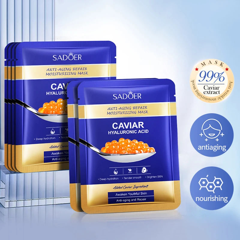 5 PCS Set  Caviar Hyaluronic Acid Moisturizing Facial Masks Brightening Firming Hydrating Face Mask Facial Skin Care Products