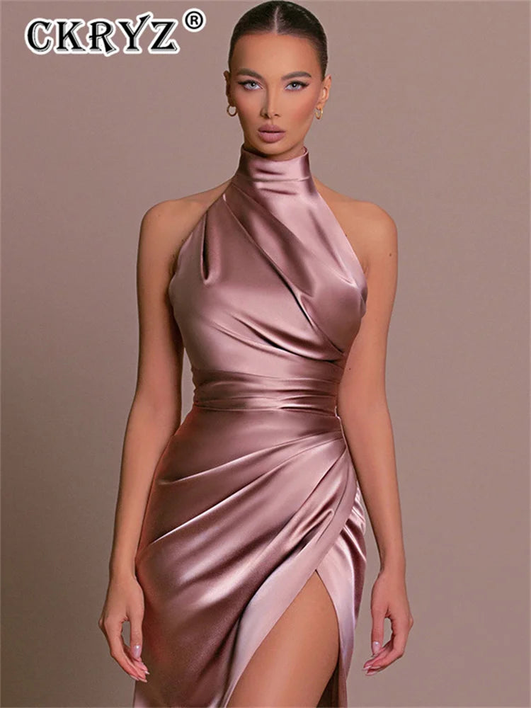 8 Colors Ladies Summer Luxury Satin Sexy Evening Wedding Guest Birthday Party Business Dinner Dresses Women Sleeveless Backless Halter Side Slit Elegant Long Dress Women Sexy Outfits Clothes