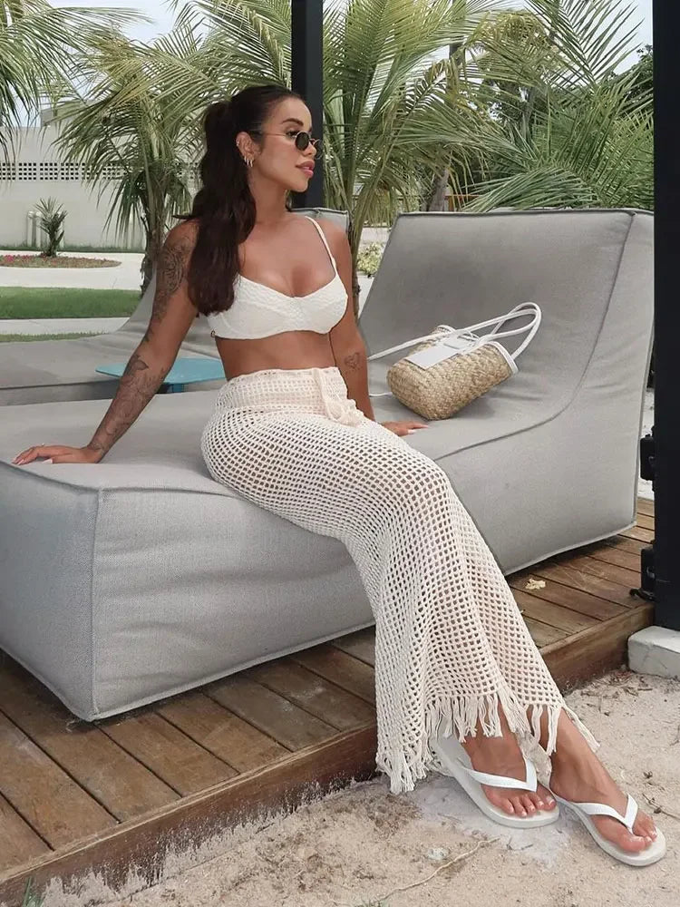 NEW Arrivals Sexy Summer Knit Cut Out Beach Half Skirt Women Chic Drawstring Fringed Casual Wrap Skirts Pool Party Swimwear Cover Up K50 Girls Ladies Sexy Beach Wear