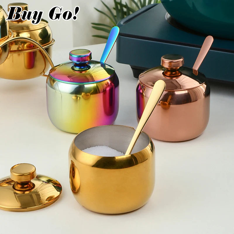 3 PCS Luxury Set + 3 Matching Spoons 304 Stainless Steel Gold Seasoning Condiment Pot Set Spice Salt Sugar Container Pepper Jar Tool with Lid and Spoon Holder Rack Home Tableware Tools Sets