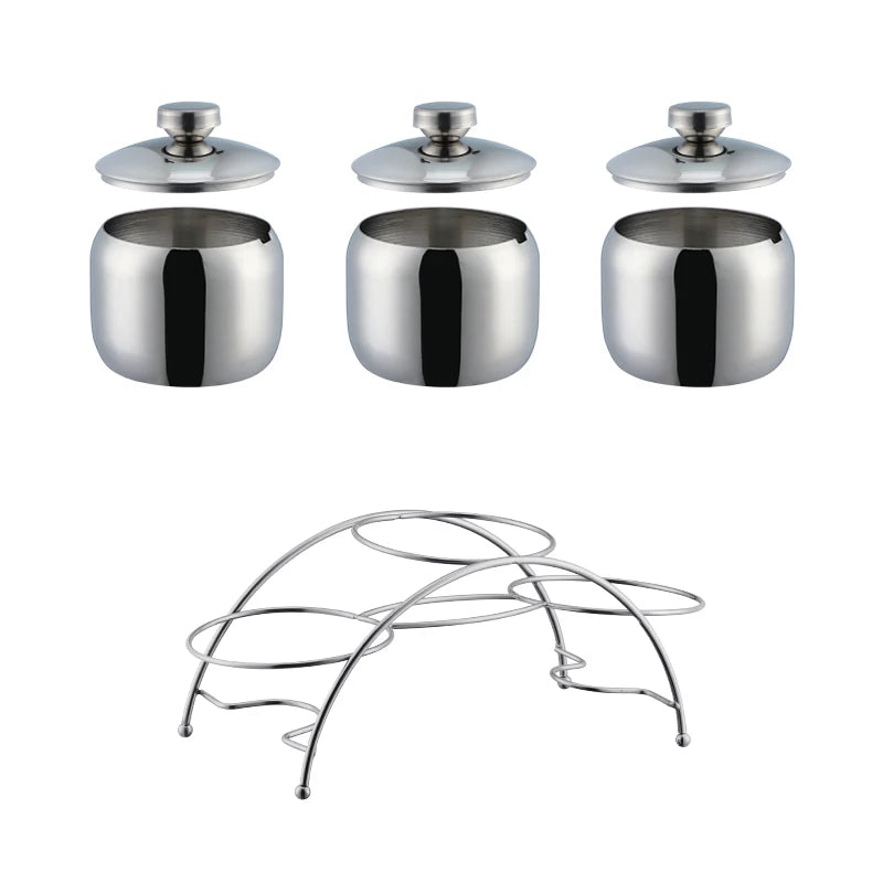 3 PCS Luxury Set + 3 Matching Spoons 304 Stainless Steel Gold Seasoning Condiment Pot Set Spice Salt Sugar Container Pepper Jar Tool with Lid and Spoon Holder Rack Home Tableware Tools Sets