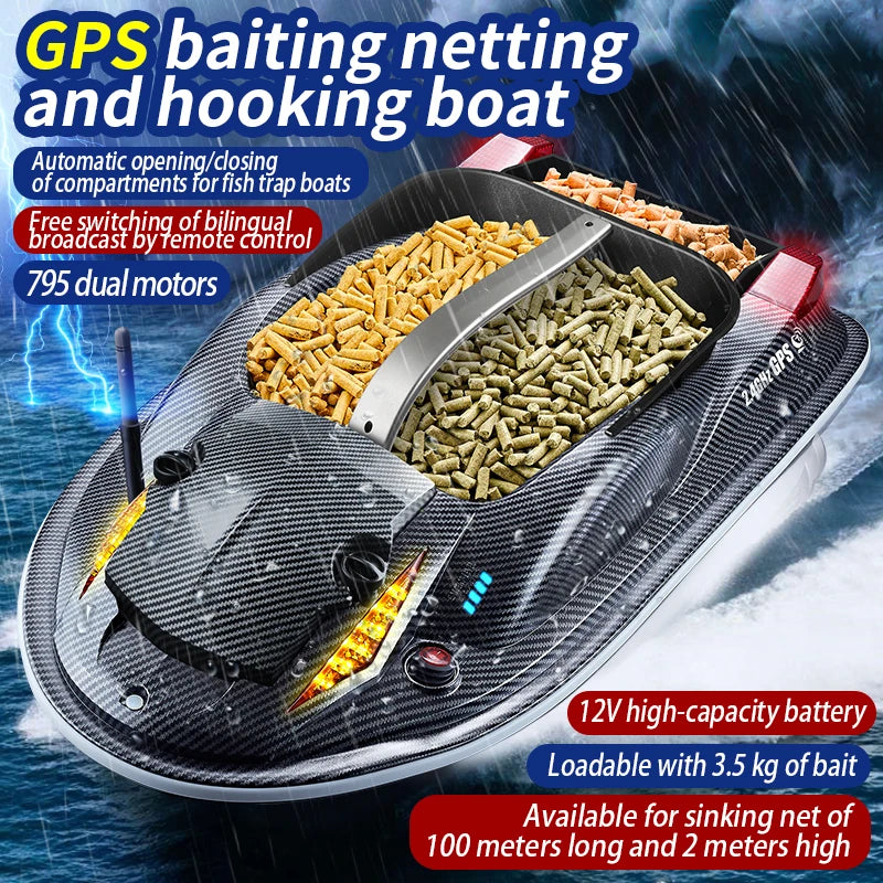 817 GPS BAIT BOAT Voice Announcements 500m 20000mAh Sonar Load 3KG Automatic Cruise Return Dual Motor Fish Finder Independent Control of Silo Ocean Lake River Professional Fishing Supplies