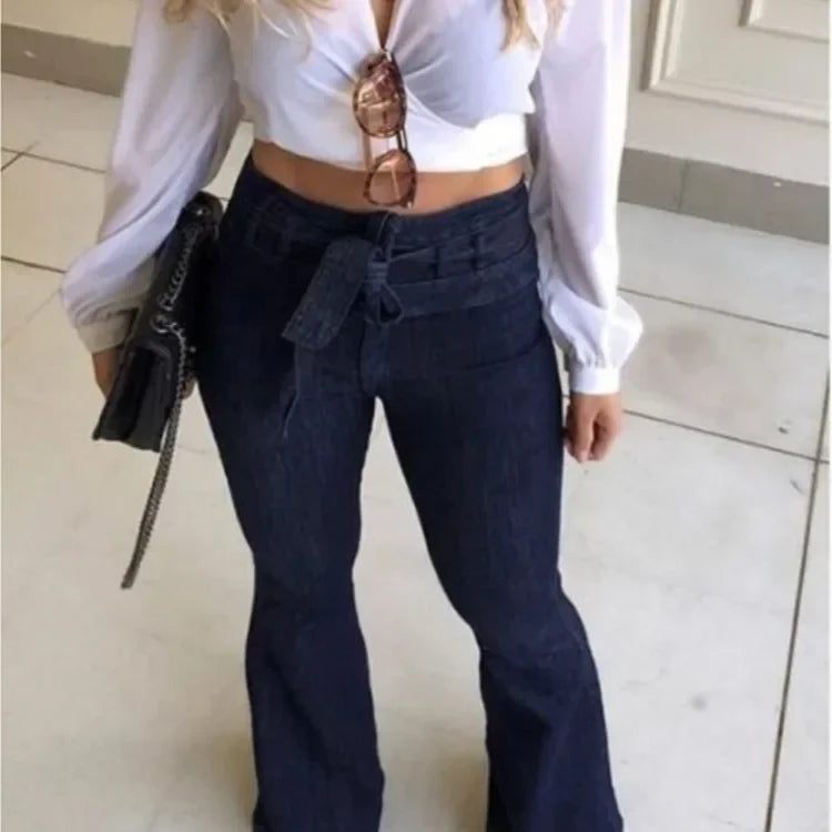 NEW Arrivals UK S-2XL Size Black/Blue Mom Jeans Women Flare Pants Zipper Fly Flat Pockets Streetwear Denim Work Elegant Bodycon Slight Stretch Belt High Waisted Jeans