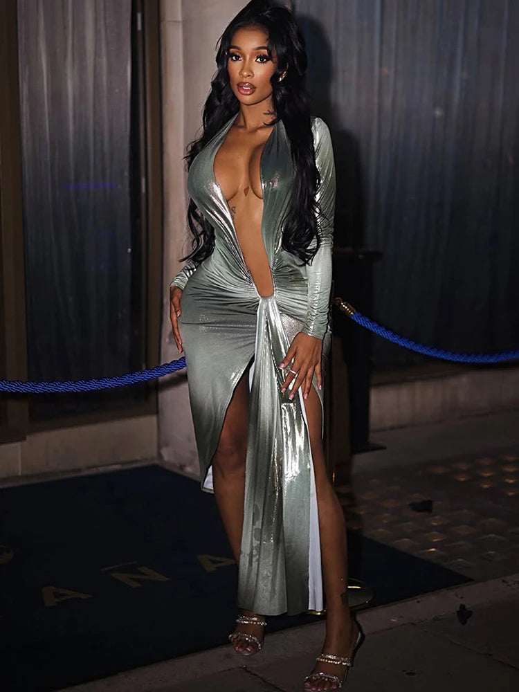 Sexy Silky Split Dress Women Irregular Ribbon Gradient Color Deep V-Neck Coquette Hottie Street Elegant Slim Bodycon Evening Party Night Clubwear Female Outfit