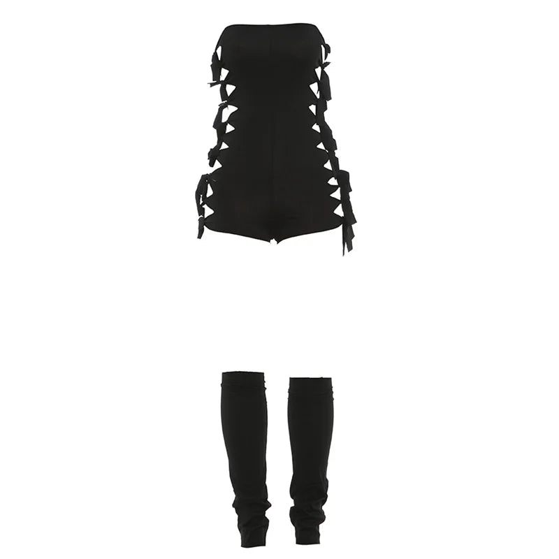 2 PCS Set Black and White Color Hollow Women Tassel Bandage Low-Neck Sleeveless Backless Playsuits + Simple Leg Sleeve Midnight Clubwear Summer Evening Rave Beach Party Sexy Suit