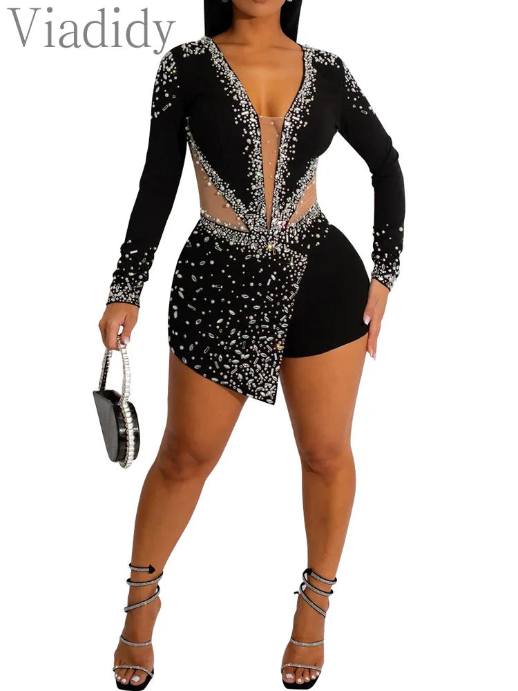 Low-Price Sales are Limited NEW Italian Luxury Women Sexy Black/Red/Blue Rompers V-Neck Mesh Rhinestones Diamonds Collar Skinny Long Sleeve Playsuits Evening Party Night Club Outfit Girls Ladies Luxury Fashion Clothing Suppli