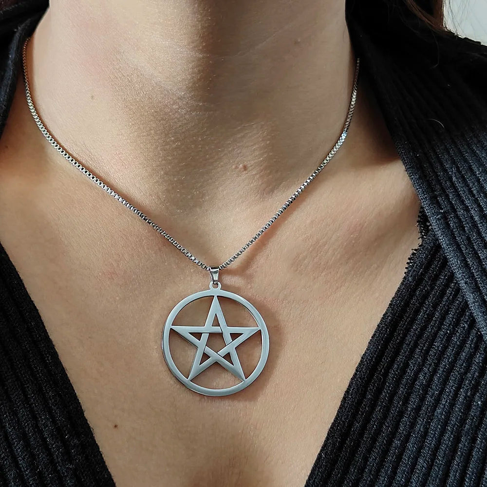 35-55cm Round Five-Pointed Five-Alpha Star Hollow Stainless Steel Gold-Plated Women's Necklace, Silver Box Chain Necklace, Black Jewelry Accessories