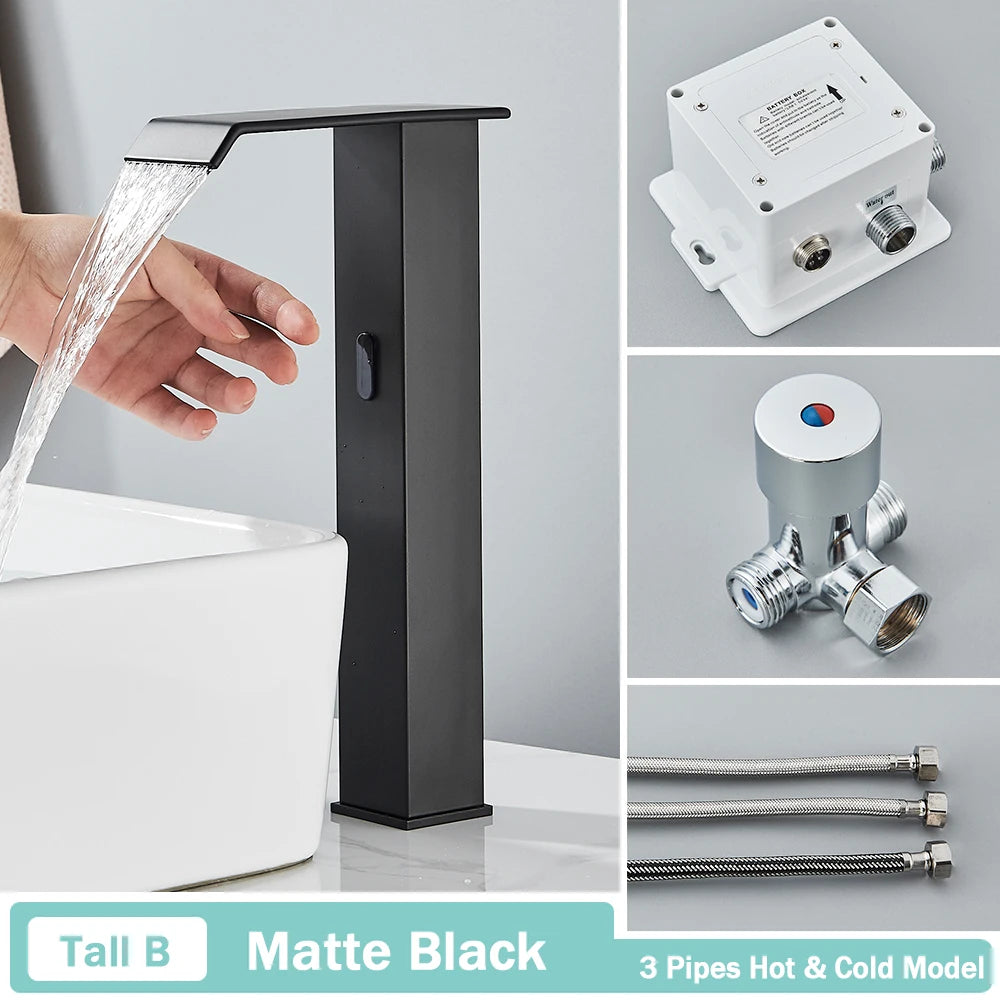 NEW Silver/Gold/ Black Color Luxury Smart Motion Sensor Bathroom Basin Faucet Touchless Automatic Sense Mixer Tap Waterfall Hot Cold Water Washbasin Crane Home Bathroom Accessories
