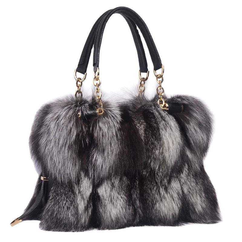 NEW Arrivals 100% Real Fox Fur Women Fashion Luxury Natural Silver Fox Handbag Lady Shoulder Bag Real Fox Fur Evening Party Formal Hand Bags Ladies Luxury Fashion Apparel Accessories