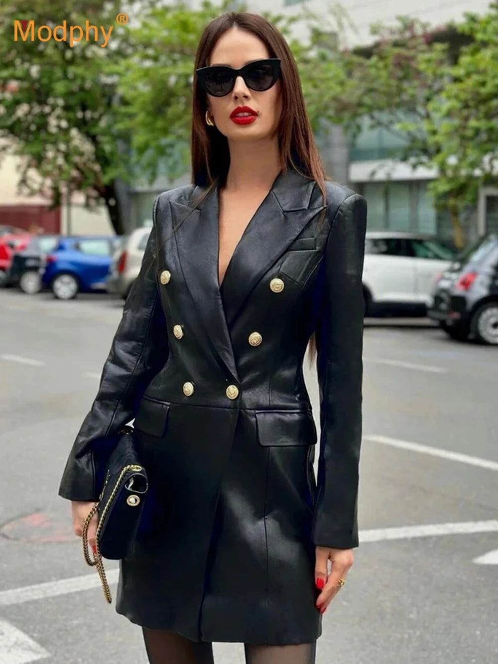 NEW Arrivals S-2XL Luxury Fashion New Slim Double Breasted Leather Suit Short Dress Elegant Women's Long Sleeve Blazer Dress