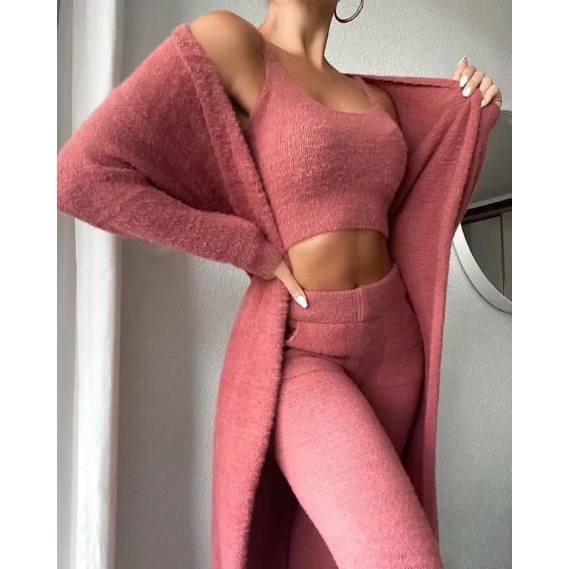 NEW Arrivals 3PCS Set 5 Colors Autumn Winter Knitted Plush Comfortable Women's Suit Sexy V-Neck Short Crop Top Cardigan Sweater Trousers/Tops/Jacket Ladies Girls Home Wear Apparel Supplies