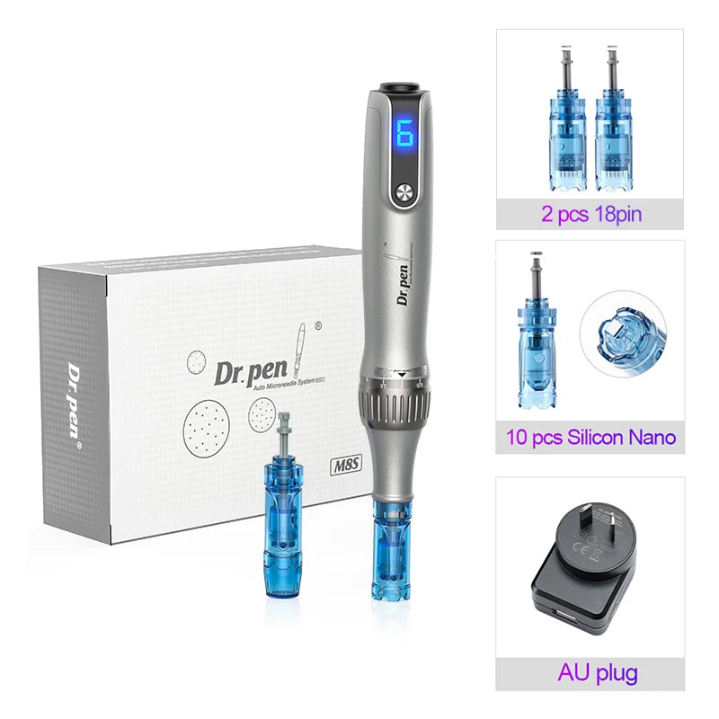 NEW Set Face Eyes Lips Tightening Lifting Rejuvenation Ultima M8S Wireless USB LCD Digital Screen Professional Derma Pen with 12 Needle Microneedle Anti Backflow Micro Pen 0.25 MM Needle Length Ladies Beauty Salon Tools Set S