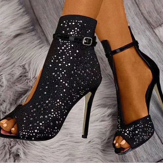 NEW Arrivals UK/US/EU Plus Size Luxury Rhinestones High Heels Summer Women's Fish Mouth Stiletto Fashion Ankle Boots Party Sandals Ladies Girls Luxury Fashion Apparel Accessories