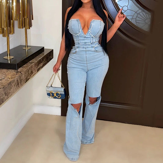 NEW Arrivals UK Size Casual Denim Jumpsuit Summer Women  Strapless V-Neck Zip Up Hole Street Trend Wide Leg Pants Club Romper With Pockets