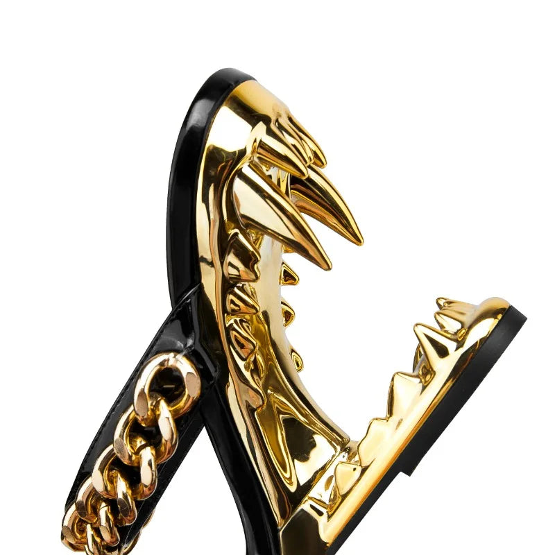 NEW Arrivals Big Gold Chain Peep Toe Tiger Teeth Heel Top Quality Sandals New Fashion Silvery Evening Beach Party Outdoors Women's Slippers Size 35-43